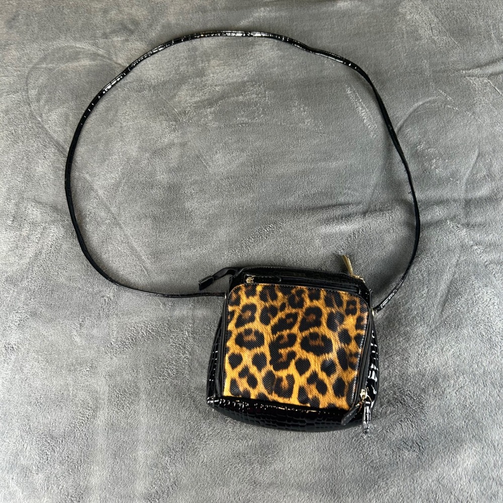 Linda Belleza Leopard Print Croc Embossed Crossbody Bag Black Gold Hardware